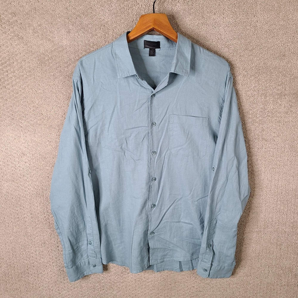 Magaschoni Shirt Mens L Blue Linen Viscose Button Down Long Sleeve Casual Summer